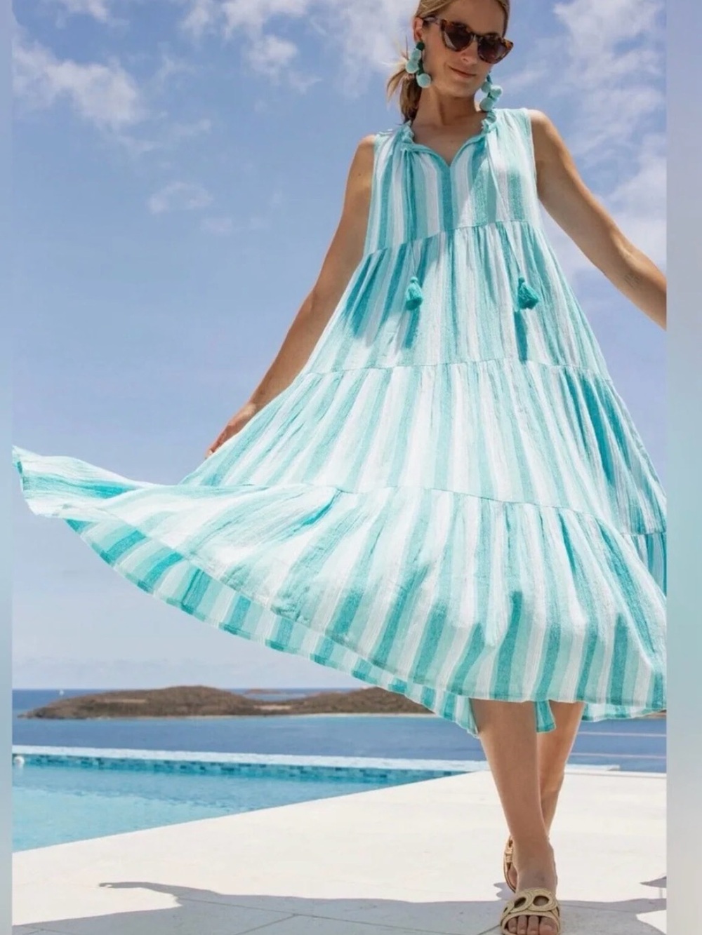 Tuckernuck Salty Paloma Aquamarine Stripe Tiered Caftan Maxi Dress XS Cotton - Picture 9 of 9